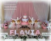 DECORAÇÃO BAILARINA MESA LUIZ XV COM LATERAL CORTINA VOAL MDF BANCO BOLO NOME ALUGADO