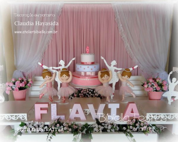 DECORAÇÃO BAILARINA MESA LUIZ XV COM LATERAL CORTINA VOAL MDF BANCO BOLO NOME ALUGADO