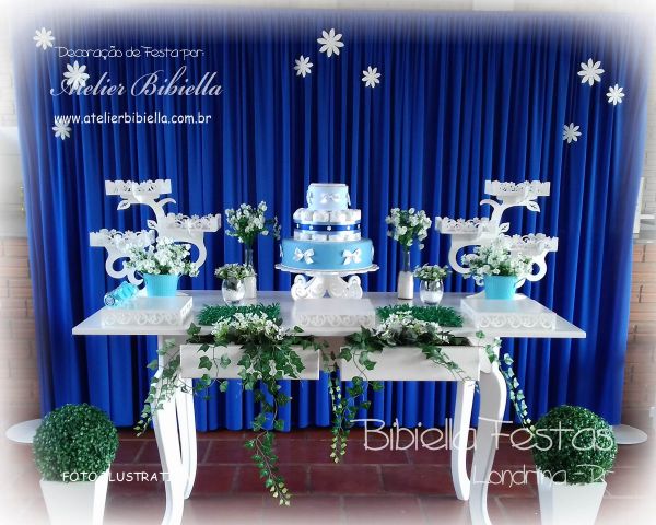 DECORAÇÃO CHÁ DE FRALDAS SEM TEMA MESA LUIZ XV CORTINA MDF FLORES BOLO - Festa Londrina