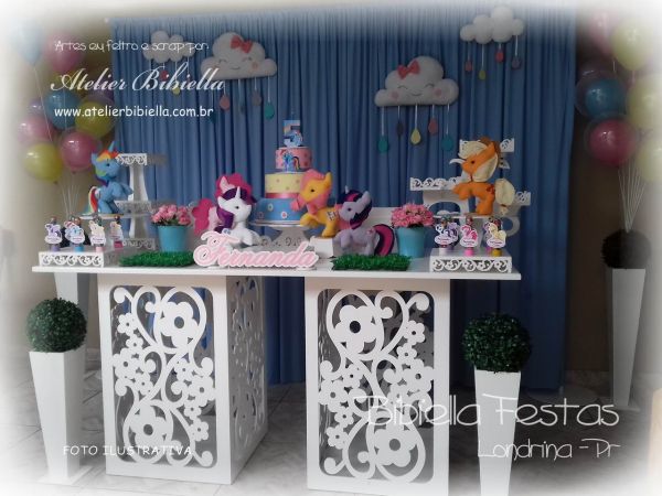 DECORAÇÃO MY LITTLE PONY MESA 2 CUBO FLORAL CORTINAMDF BOLO NOME