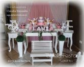 DECORAÇÃO BAILARINA MESA LUIZ XV COM LATERAL CORTINA VOAL MDF BANCO BOLO NOME ALUGADO