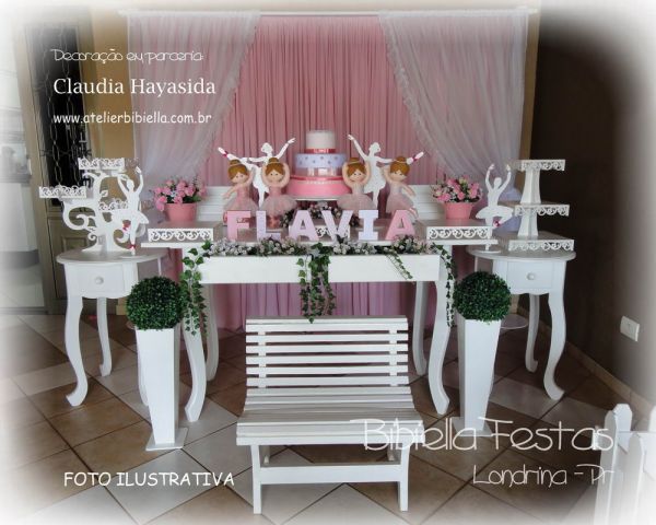 DECORAÇÃO BAILARINA MESA LUIZ XV COM LATERAL CORTINA VOAL MDF BANCO BOLO NOME ALUGADO